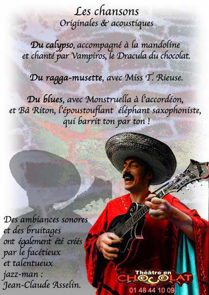 Le personnage de Vampiros, musicien mandoliniste dans le spectacle pour enfants La LEGENDE MISS T. RIEUSE du THEATRE en CHOCOLAT.